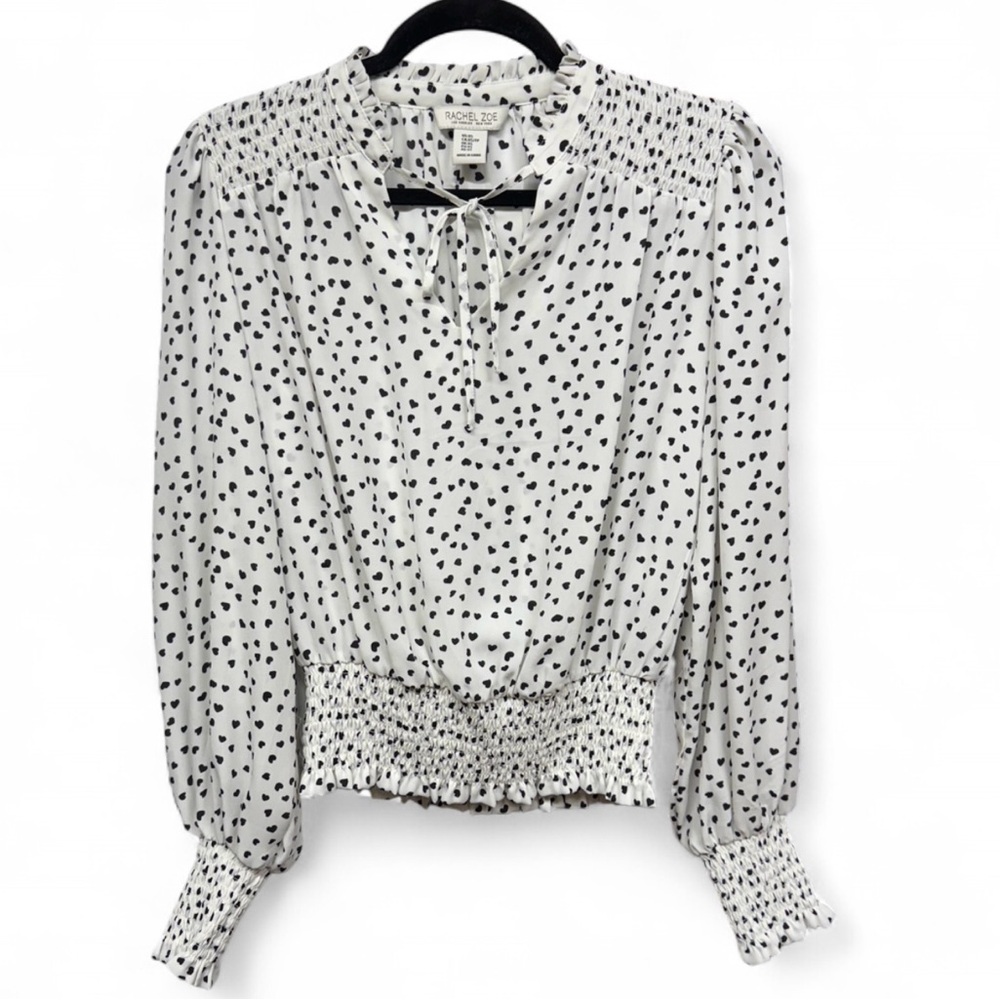 Rachel Zoe Heart Print Smocked Waist Tie Neck Blouse White Black XS - Picture 2 of 9